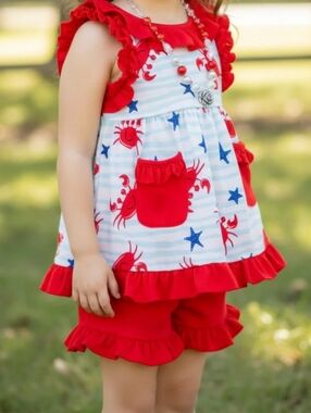Red & White Nautical Crab Ruffle Top and Shorts Set